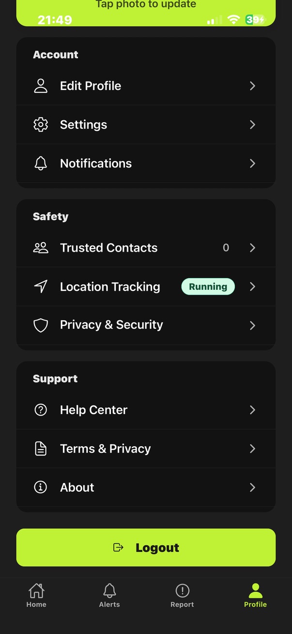 Is Everyone Safe account profile and safety settings screen
