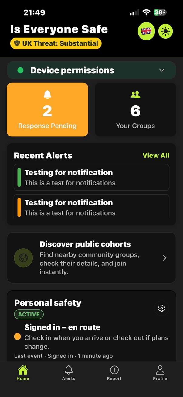 Is Everyone Safe mobile app dashboard showing device permissions and alerts