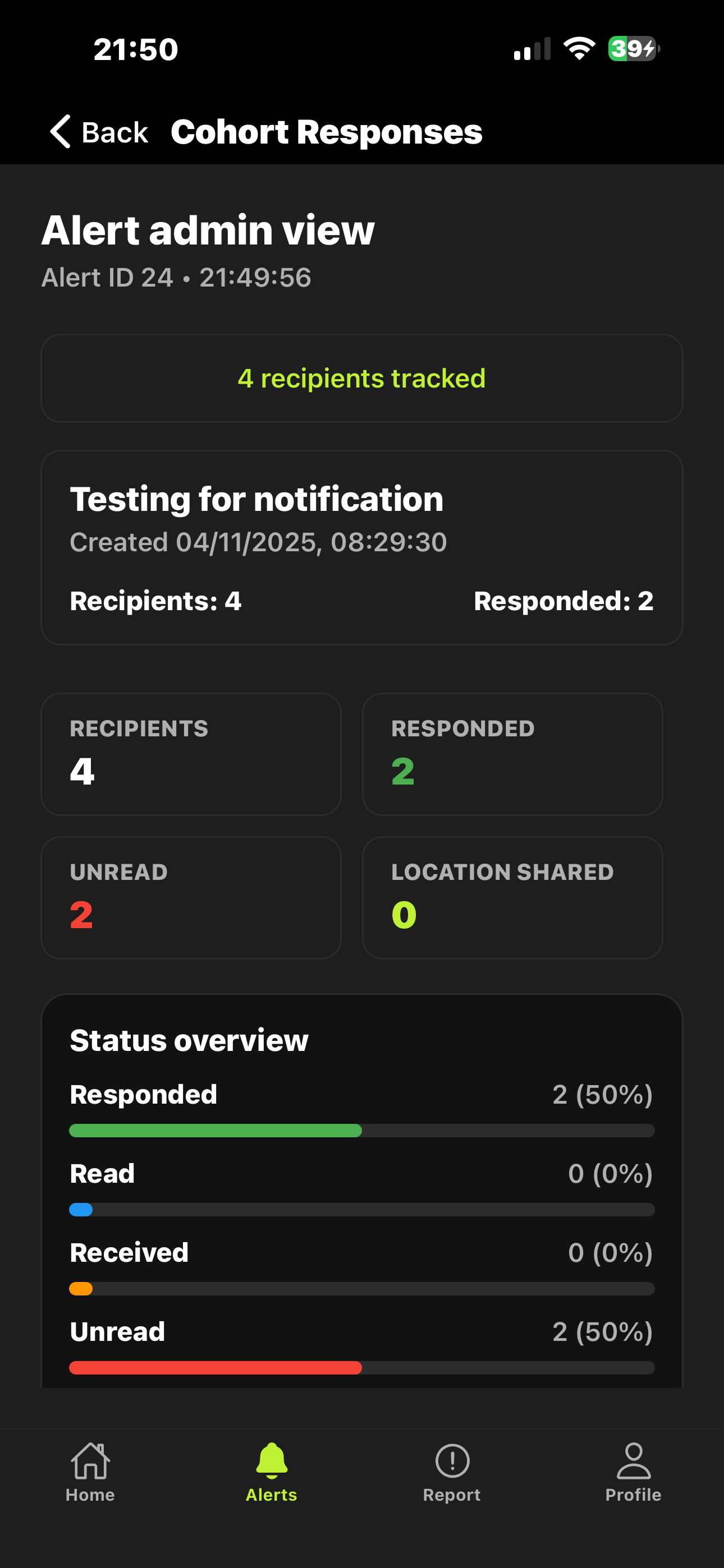 Actual IsEveryoneSafe response overview for a test alert.