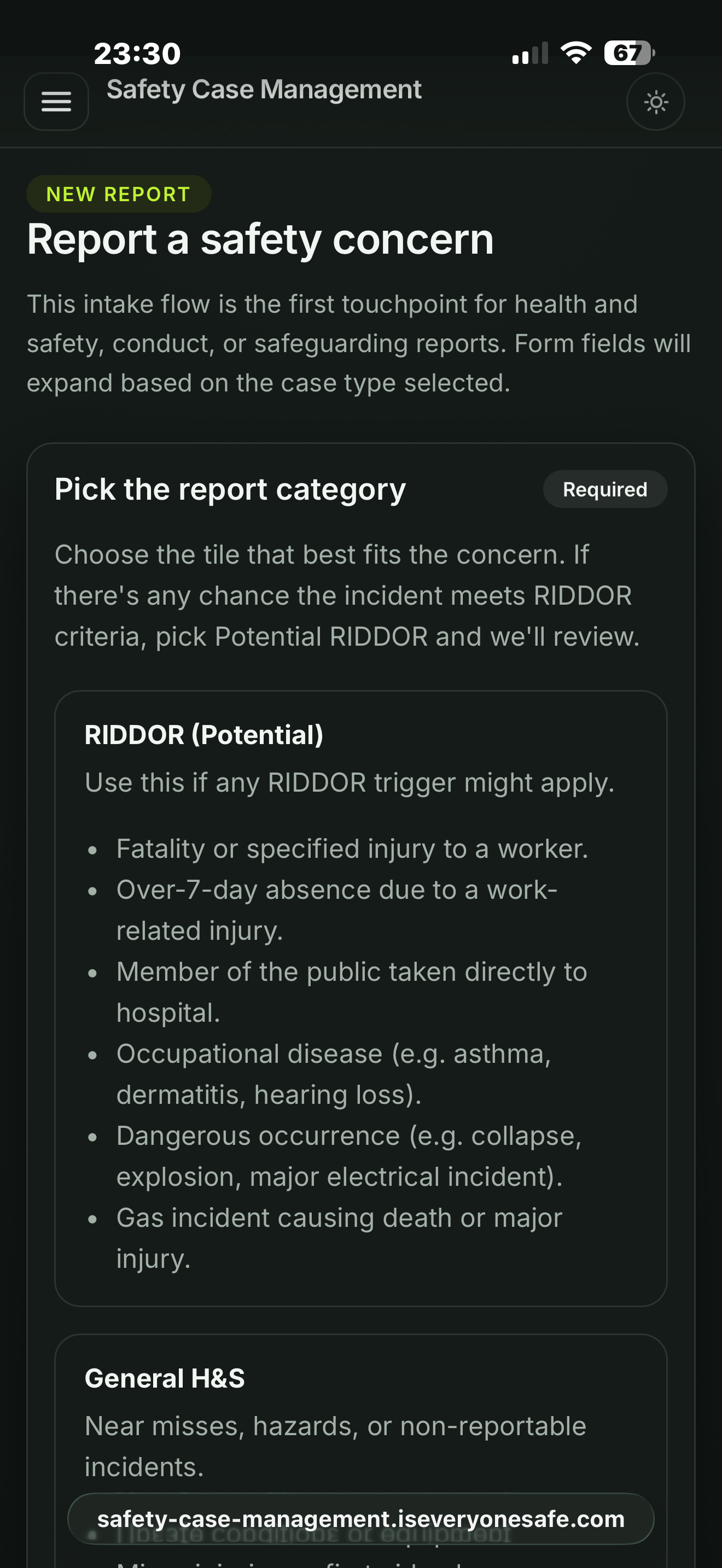 Safety Case Management report a concern screen