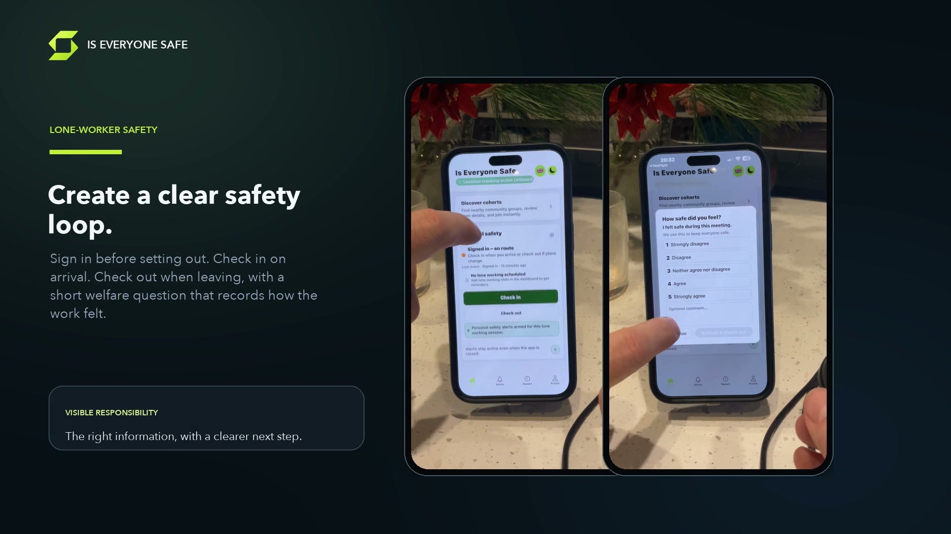 Is Everyone Safe lone-worker check-in and welfare screens with the words Create a clear safety loop
